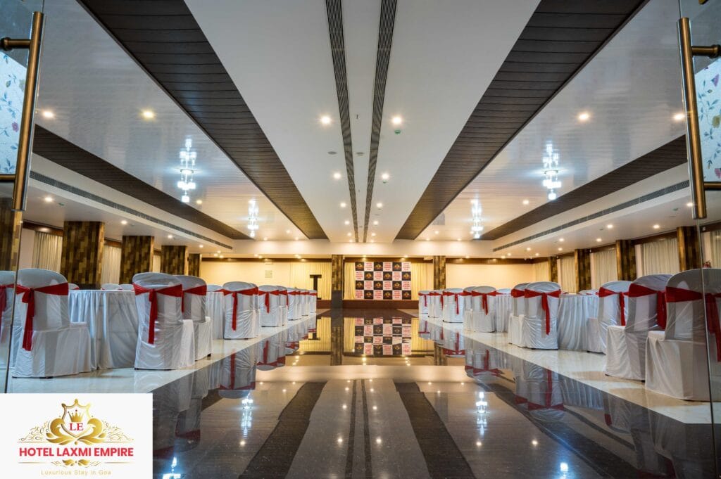 Banquet hall set up with seating at Hotel Laxmi Empire